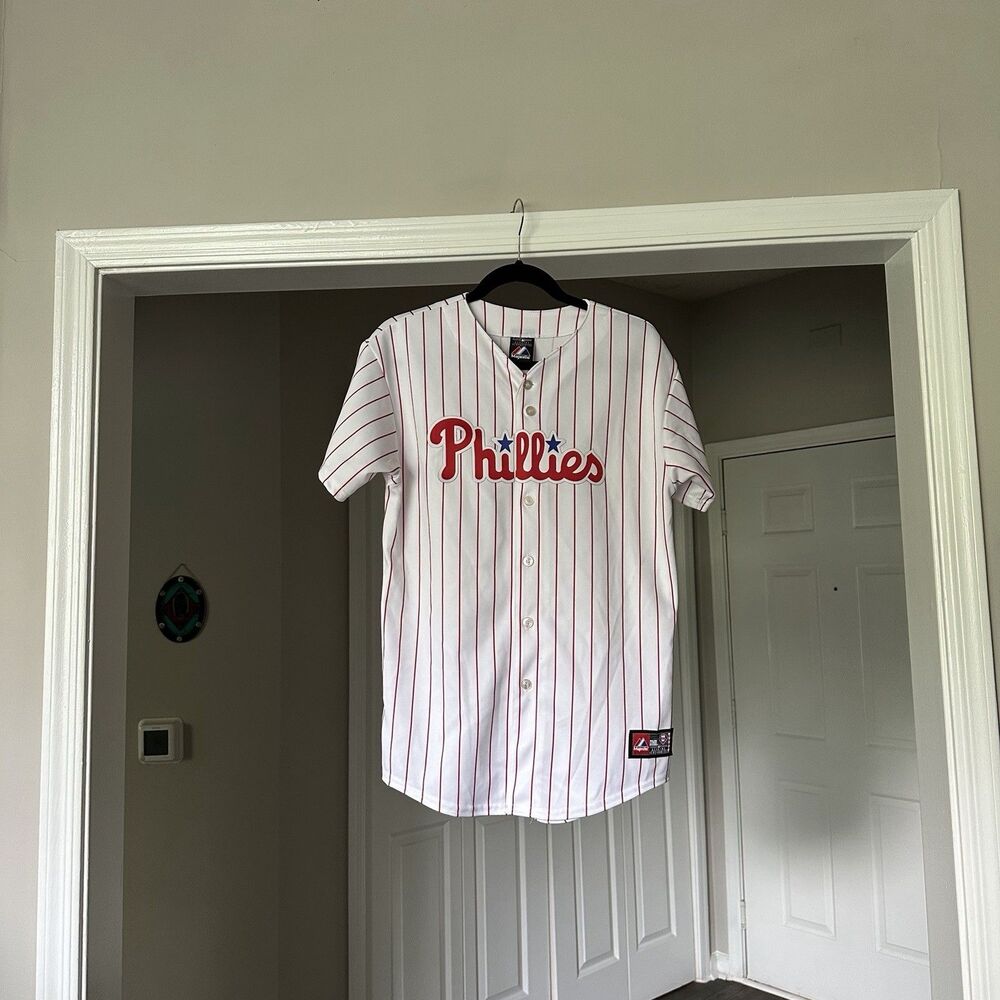 PHILLIES White Majestic Baseball Jersey #10 Young Red Striped Button Top Sz XL